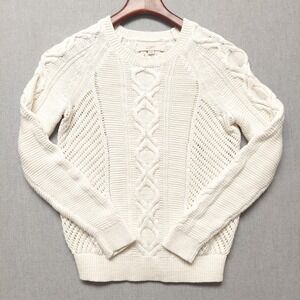 LOFT Womens S Cream Cable Knit Sweater Crew Neck Chunky Pullover Preppy Classic‎